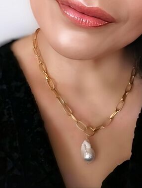 Large Modern Pearl Pendant In Gold Plated Paperclip Necklace For Layering